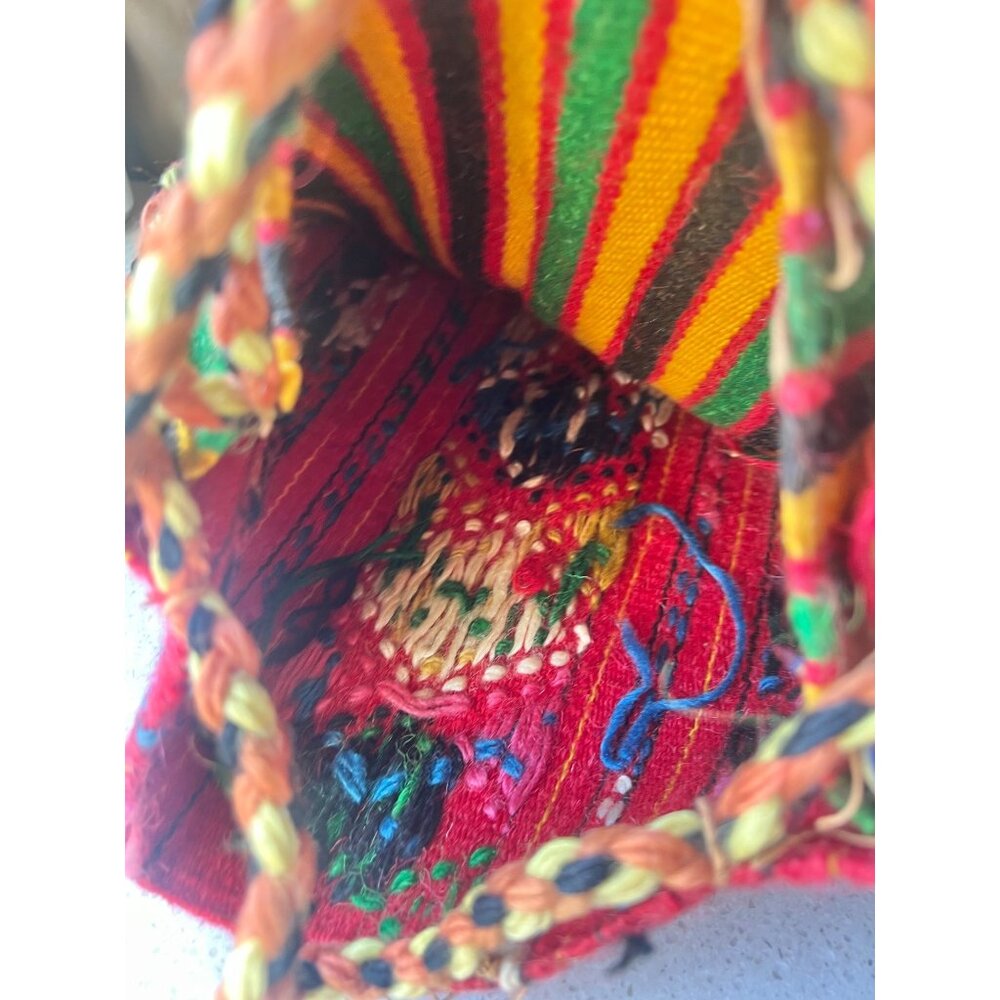 Bolivian Chuspa Cocoa Leaf Bag Backpack 11x14 Handwoven Wool Geometric & Striped - Picture 3 of 14